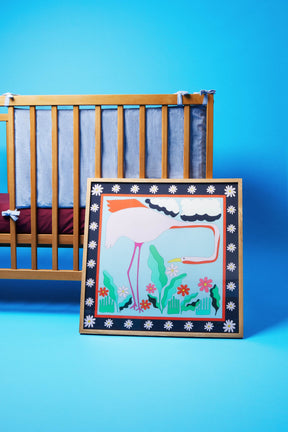 Artisanat français, cadre foulard encadré représentant un flamant rose. Cadeau de naissance idéale pour décorer la chambre bébé. 26 PARADIS